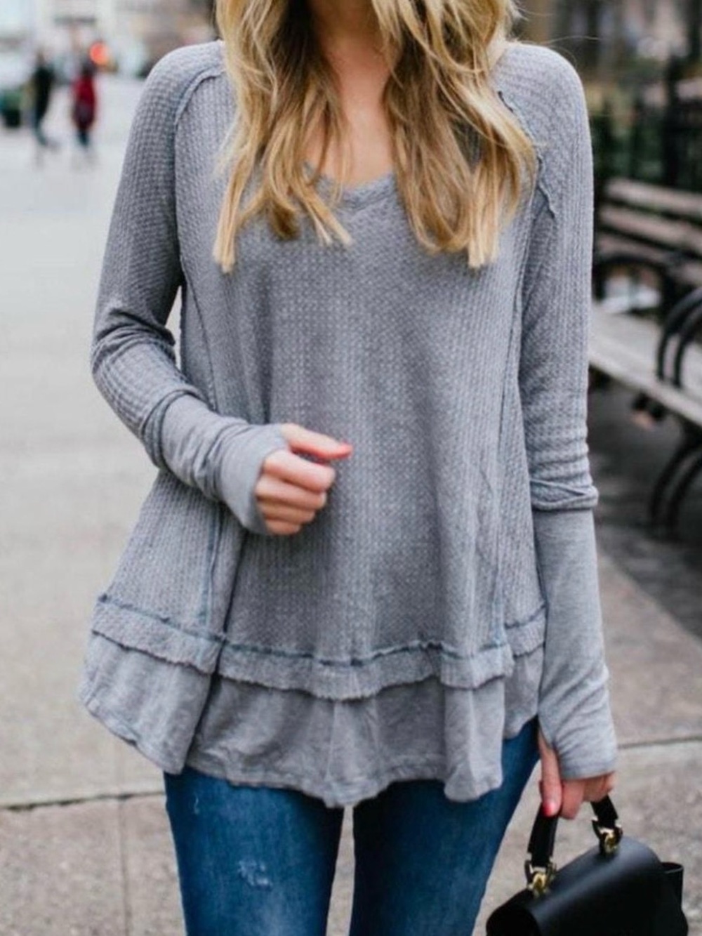 We The Free Gray Layered Hem Waffle-Knit Long Sleeve Top